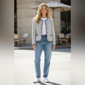 Striped Knit Collarless Blazer - White/Black R1